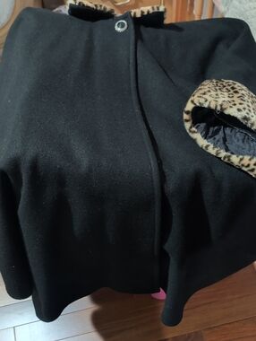 Black Women's Wool Coat with Leopard Trim